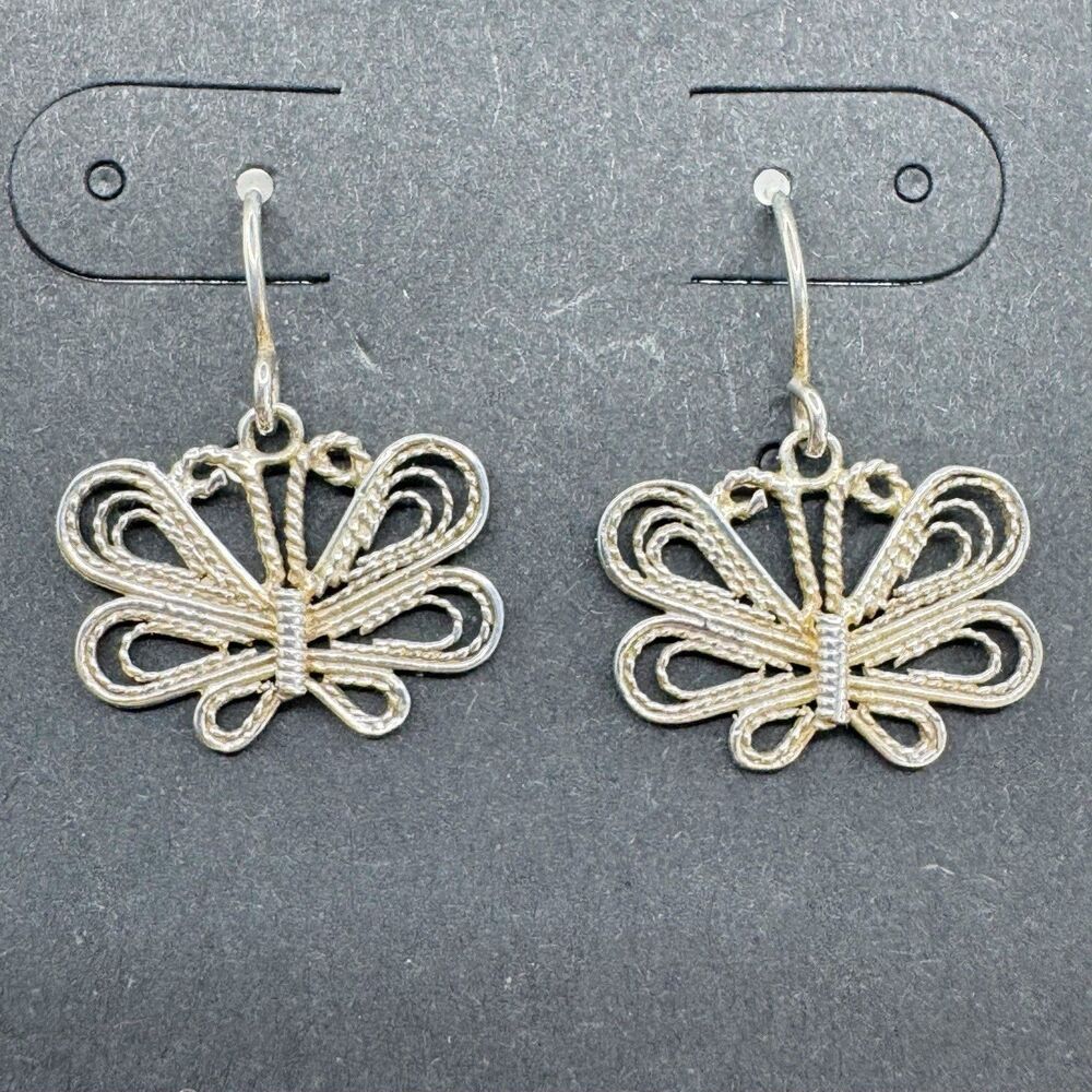Sterling Silver Filigree Butterfly Drop Dangle Earrings whimsical Fairycore